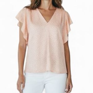 NWT WHBM Peach & White Patterned Flutter Short Sleeve V-Neck Blouse Size Small